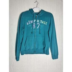 Aeropostale 87 Womens Zip Up Y2K Hoodie Teal Logo Spell Out Sweatshirt Size XL